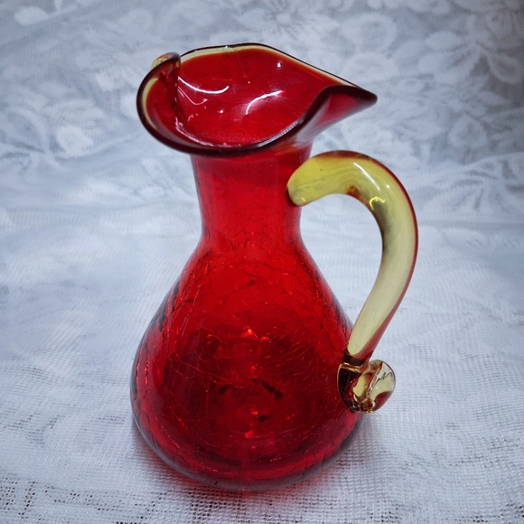 Vintage Blenko Amberina Crackle Glass Cruet Pitcher Bubble Stopper Red To Yellow - Picture 11 of 13